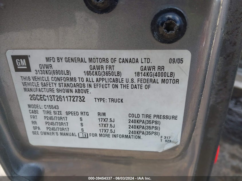 2006 Chevrolet Silverado 1500 Lt1 VIN: 2GCEC13T261172732 Lot: 39454337