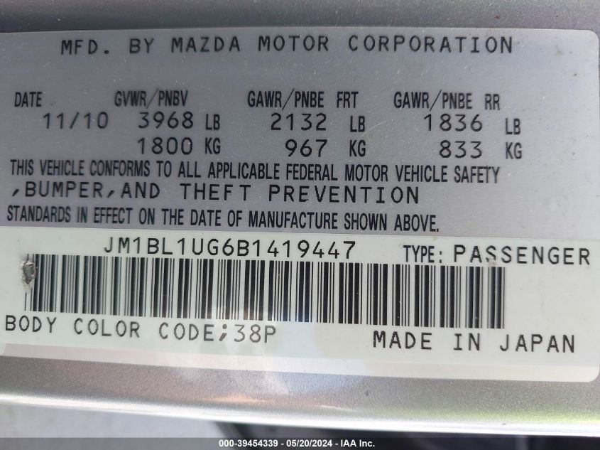 2011 Mazda Mazda3 I Sport VIN: JM1BL1UG6B1419447 Lot: 39454339