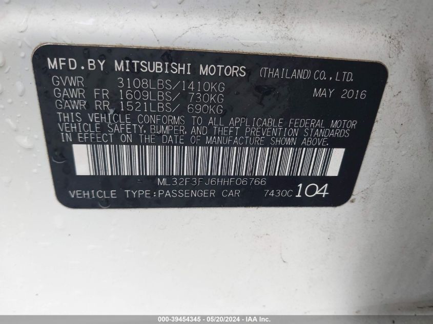 2017 Mitsubishi Mirage G4 Es VIN: ML32F3FJ6HHF06766 Lot: 39454345