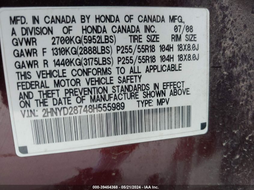 2008 Acura Mdx Sport Package VIN: 2HNYD28748H555989 Lot: 39454368