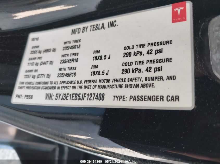 5YJ3E1EB5JF127408 2018 Tesla Model 3 Long Range/Performance