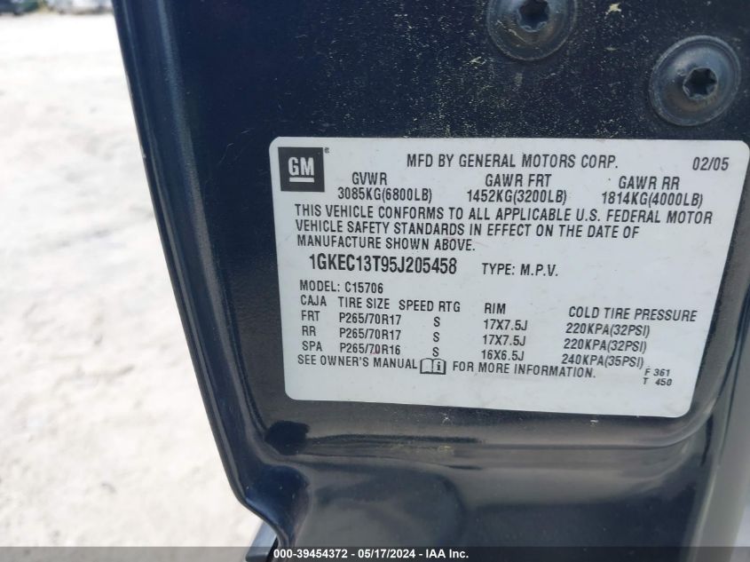 2005 GMC Yukon Slt VIN: 1GKEC13T95J205458 Lot: 39454372