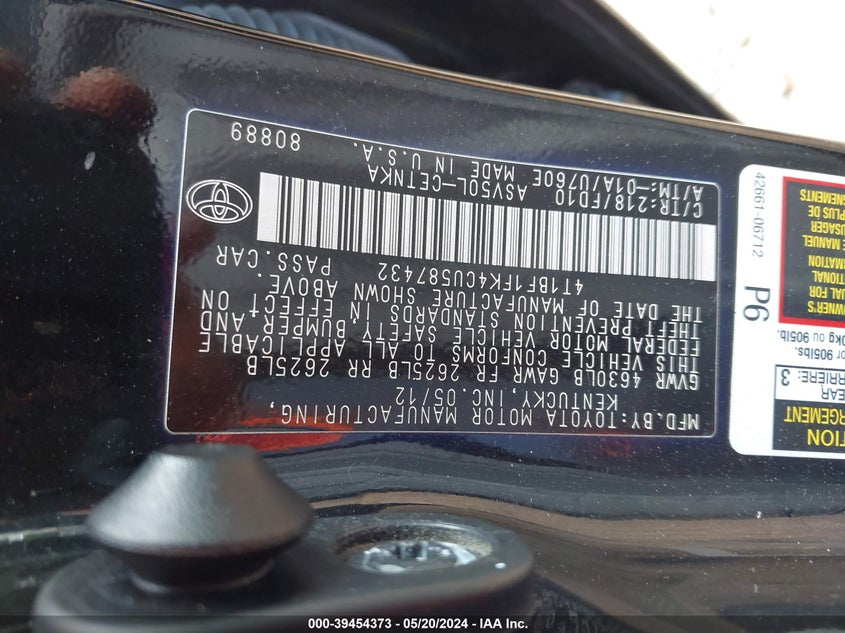 2012 Toyota Camry Le VIN: 4T1BF1FK4CU587432 Lot: 39454373