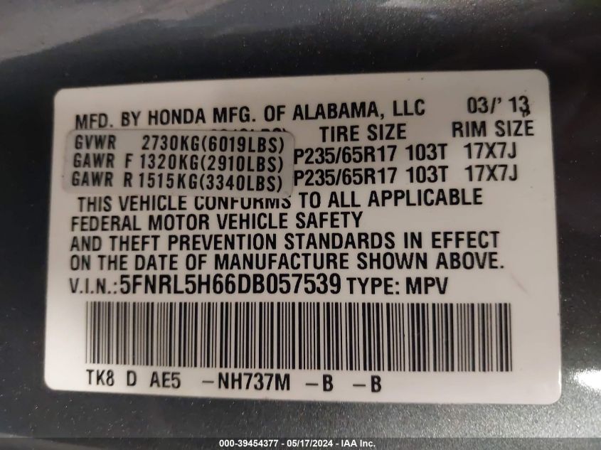 2013 Honda Odyssey Ex-L VIN: 5FNRL5H66DB057539 Lot: 39454377