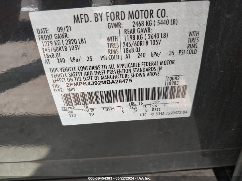 2021 Ford Edge Sel VIN: 2FMPK4J92MBA28475 Lot: 39454383