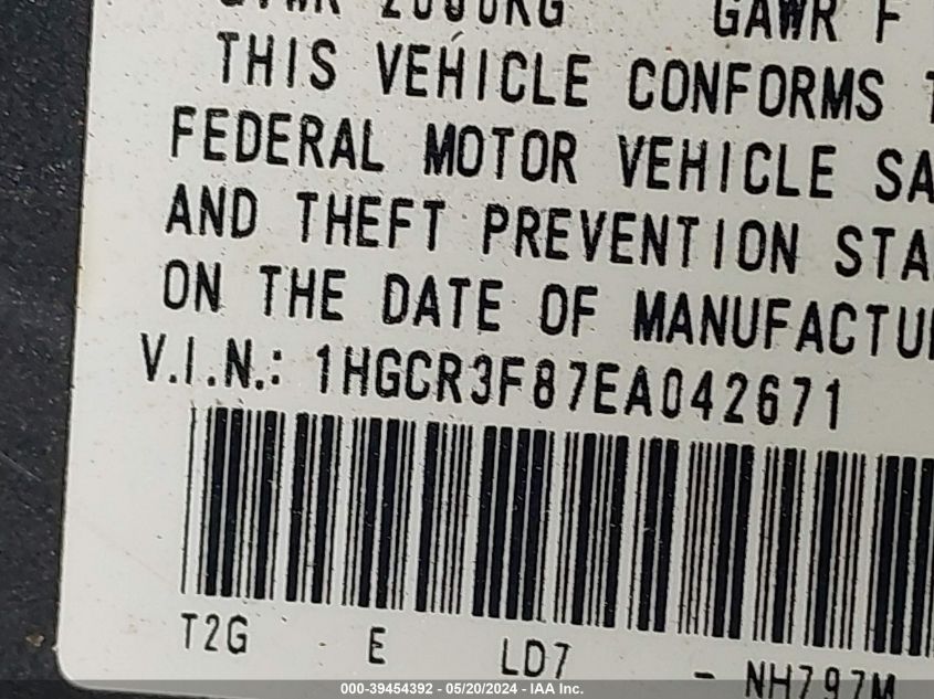 2014 Honda Accord Exl VIN: 1HGCR3F87EA042671 Lot: 39454392