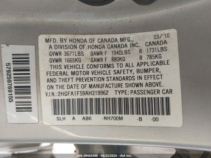 2010 Honda Civic Lx VIN: 2HGFA1F59AH319962 Lot: 39454398