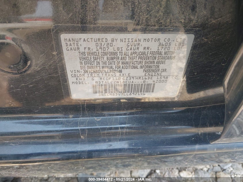 2020 Nissan Versa S Xtronic Cvt VIN: 3N1CN8DV7LL892146 Lot: 39454412