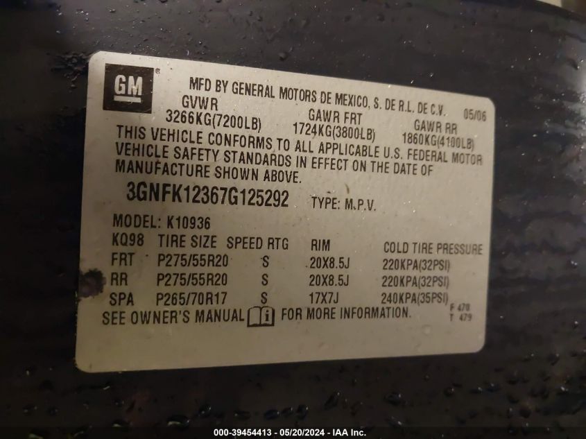 2007 Chevrolet Avalanche 1500 Ltz VIN: 3GNFK12367G125292 Lot: 39454413