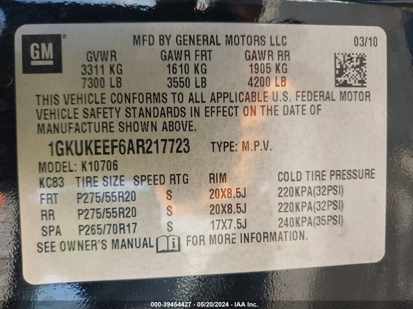 2010 GMC Yukon Denali VIN: 1GKUKEEF6AR217723 Lot: 39454427