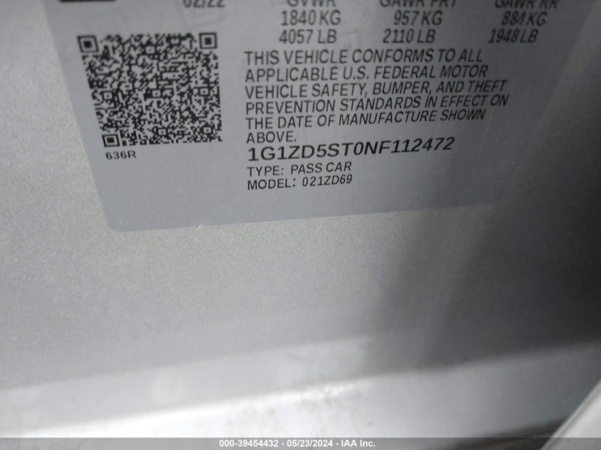 2022 Chevrolet Malibu Fwd Lt VIN: 1G1ZD5ST0NF112472 Lot: 39454432