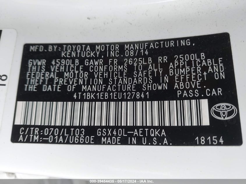 2014 Toyota Avalon Xle Touring VIN: 4T1BK1EB1EU127841 Lot: 39454435