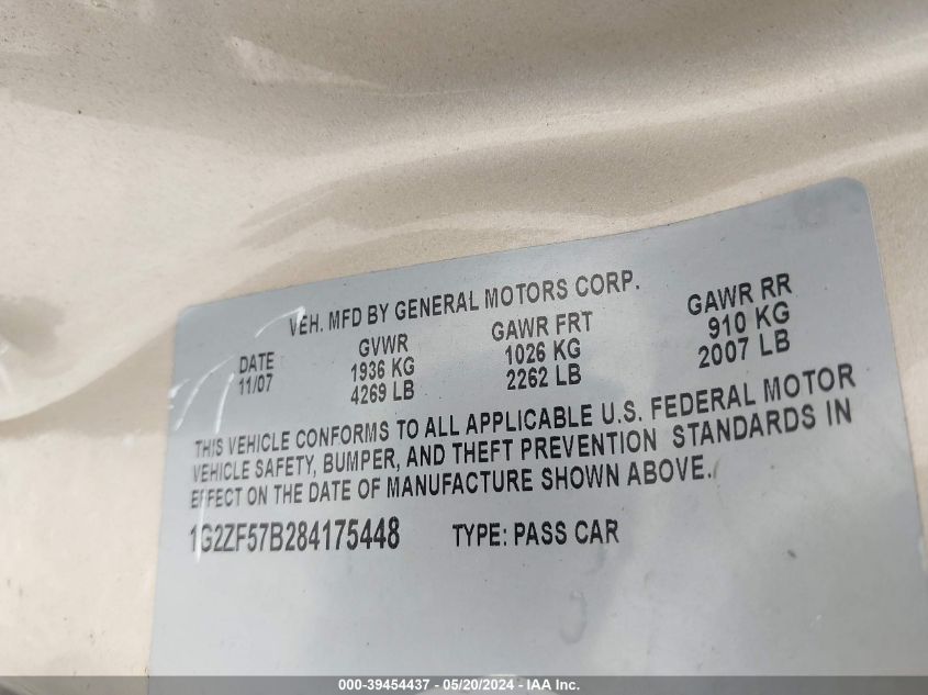 2008 Pontiac G6 Value Leader VIN: 1G2ZF57B284175448 Lot: 39454437