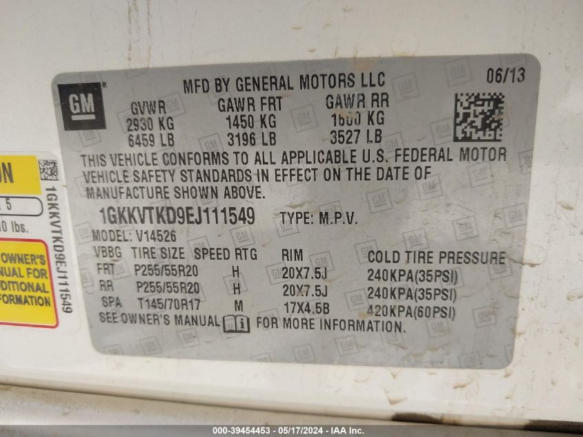 2014 GMC Acadia Denali VIN: 1GKKVTKD9EJ111549 Lot: 39454453