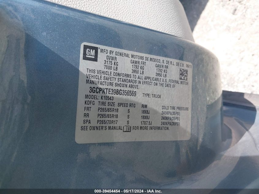 2011 Chevrolet Silverado 1500 Ltz VIN: 3GCPKTE39BG356569 Lot: 39454454