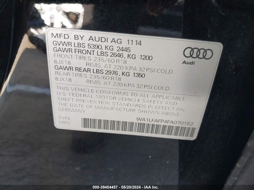 2015 Audi Q5 2.0T Premium VIN: WA1LFAFP4FA070152 Lot: 39454457