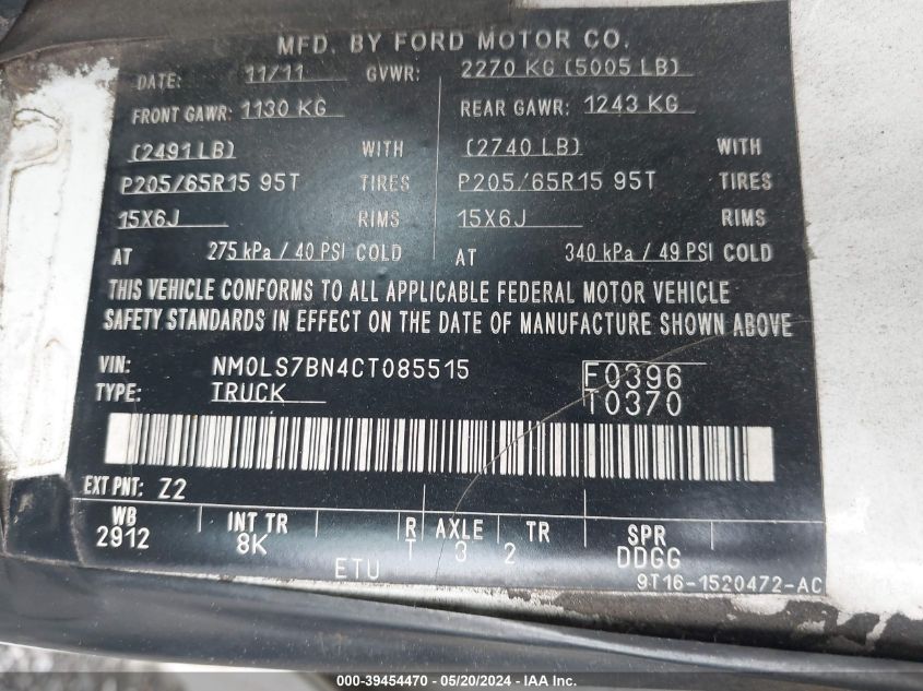 2012 Ford Transit Connect Xlt VIN: NM0LS7BN4CT085515 Lot: 39454470