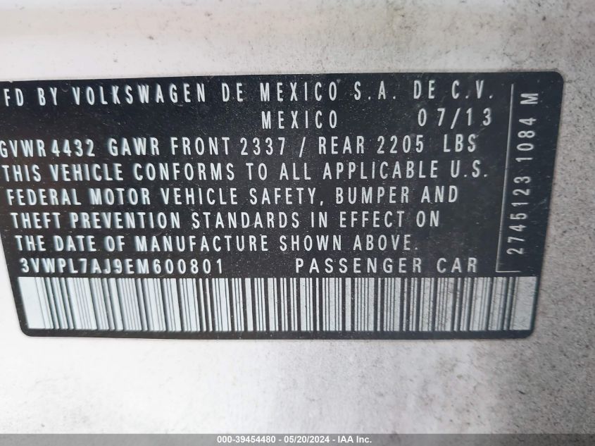 2014 Volkswagen Jetta Sportwagen 2.0L Tdi VIN: 3VWPL7AJ9EM600801 Lot: 39454480