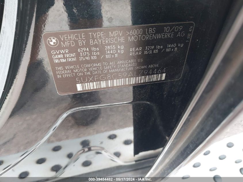 2010 BMW X6 xDrive50I VIN: 5UXFG8C59ALZ94464 Lot: 39454482