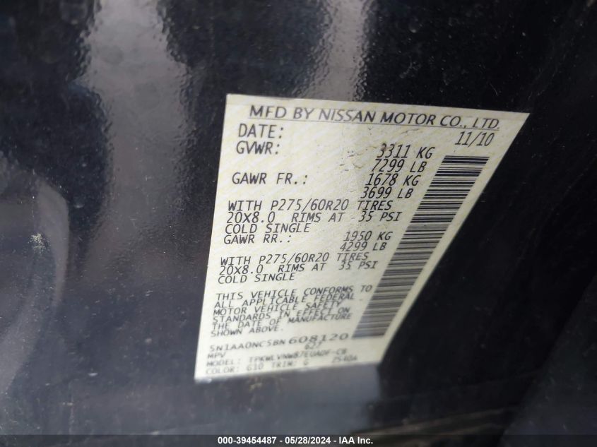 2011 Nissan Armada Sl VIN: 5N1AA0NC5BN608120 Lot: 39454487