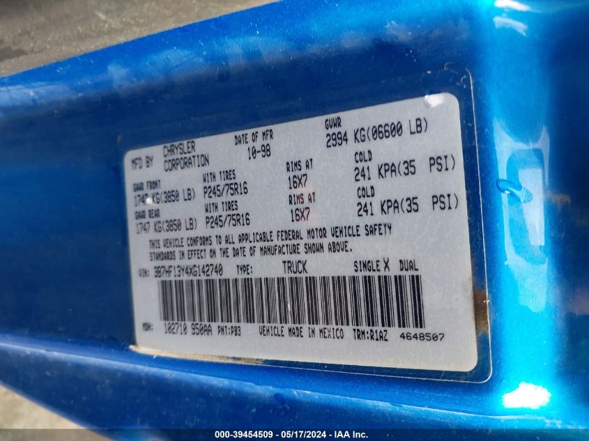 1999 Dodge Ram 1500 St VIN: 3B7HF13Y4XG142740 Lot: 39454509