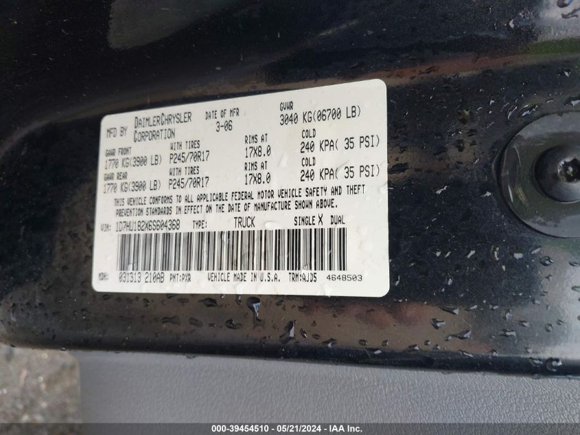 2006 Dodge Ram 1500 Slt/Trx4 Off Road/Sport VIN: 1D7HU182X6S604368 Lot: 39454510