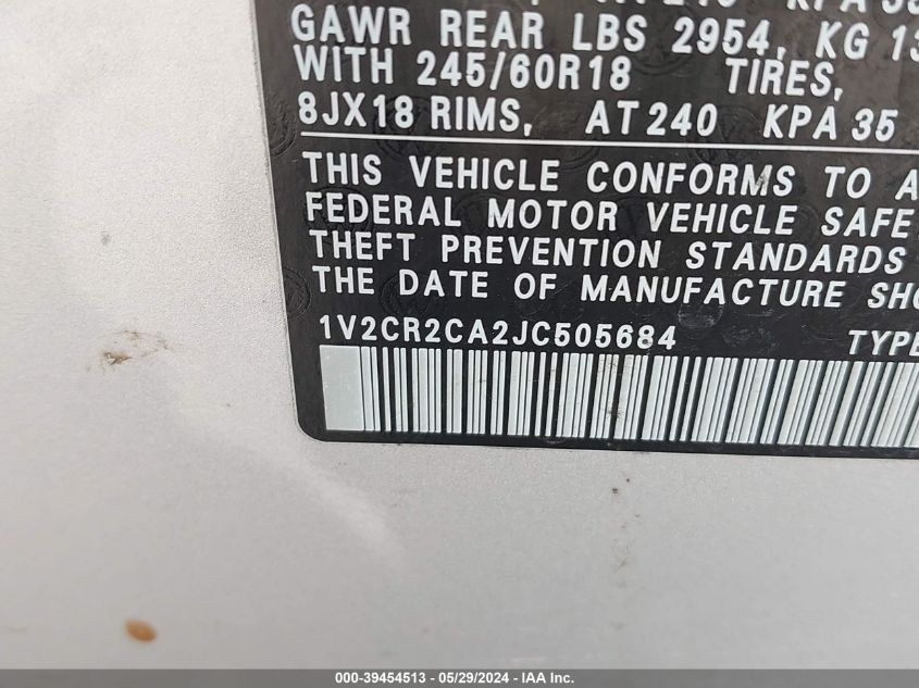 2018 Volkswagen Atlas 3.6L V6 Se VIN: 1V2CR2CA2JC505684 Lot: 39454513