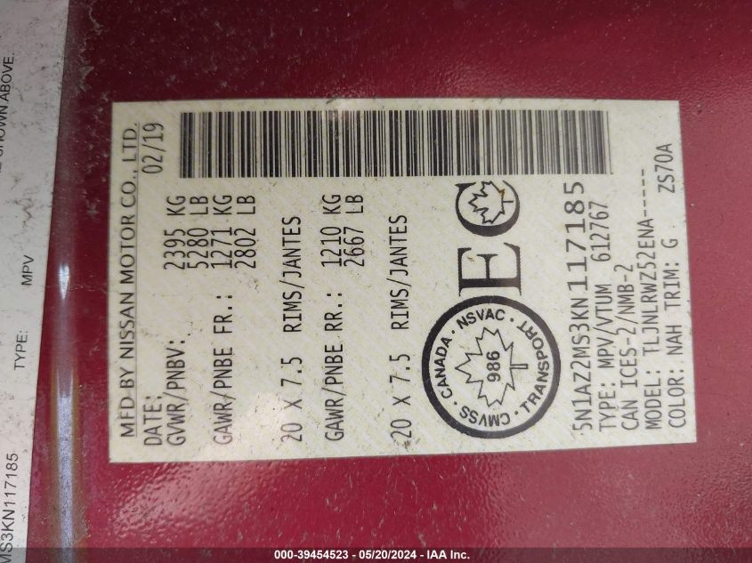 2019 Nissan Murano Platinum/S/Sl/Sv VIN: 5N1AZ2MS3KN117185 Lot: 39454523