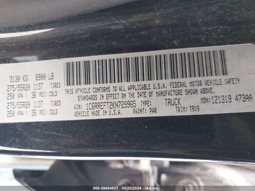 2019 Ram 1500 Big Horn/Lone Star 4X2 5'7 Box VIN: 1C6RREFT2KN729965 Lot: 39454527