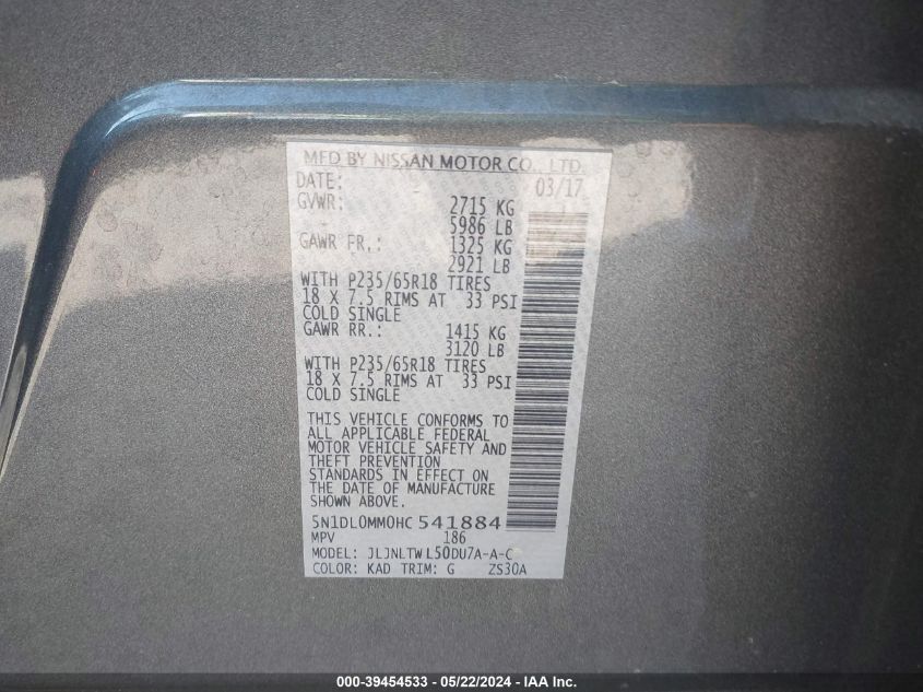 2017 Infiniti Qx60 VIN: 5N1DL0MM0HC541884 Lot: 39454533