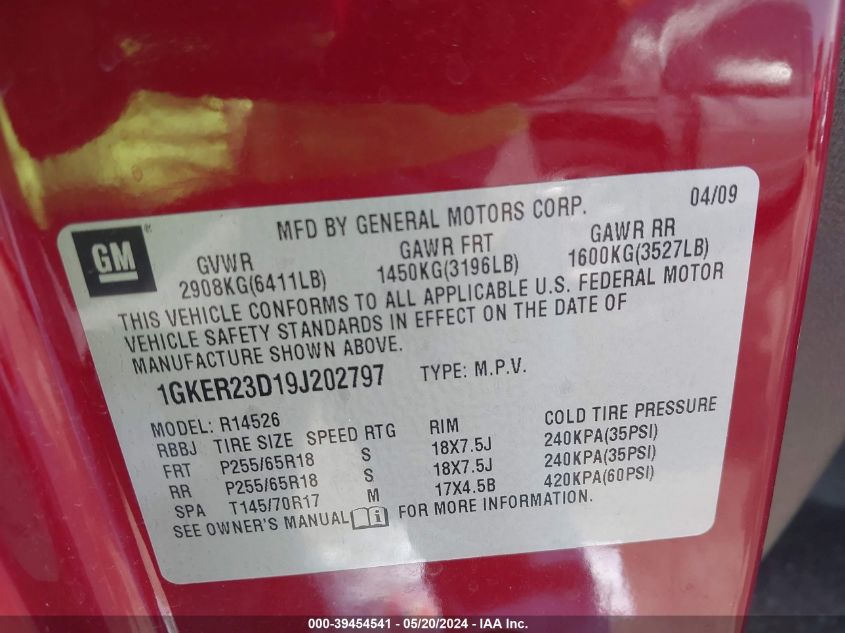 2009 GMC Acadia Slt-1 VIN: 1GKER23D19J202797 Lot: 39454541