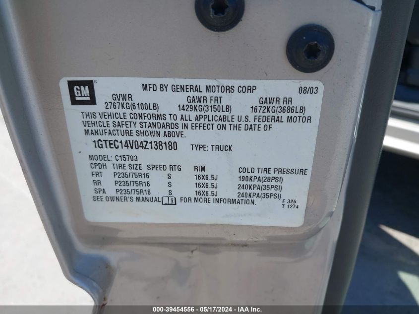 2004 GMC Sierra 1500 Sle VIN: 1GTEC14V04Z138180 Lot: 39454556