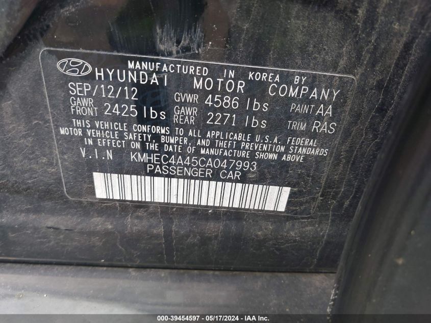 2012 Hyundai Sonata Hybrid VIN: KMHEC4A45CA047993 Lot: 39454597