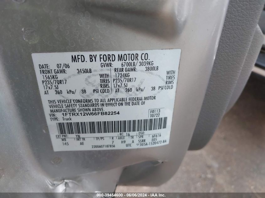2006 Ford F-150 Stx/Xl/Xlt VIN: 1FTRX12W66FB82254 Lot: 39454600