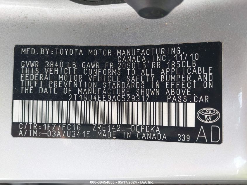 2010 Toyota Corolla Le VIN: 2T1BU4EE9AC529317 Lot: 39454653