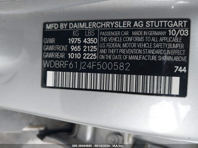 2004 Mercedes-Benz C 240 VIN: WDBRF61J24F500582 Lot: 39454685