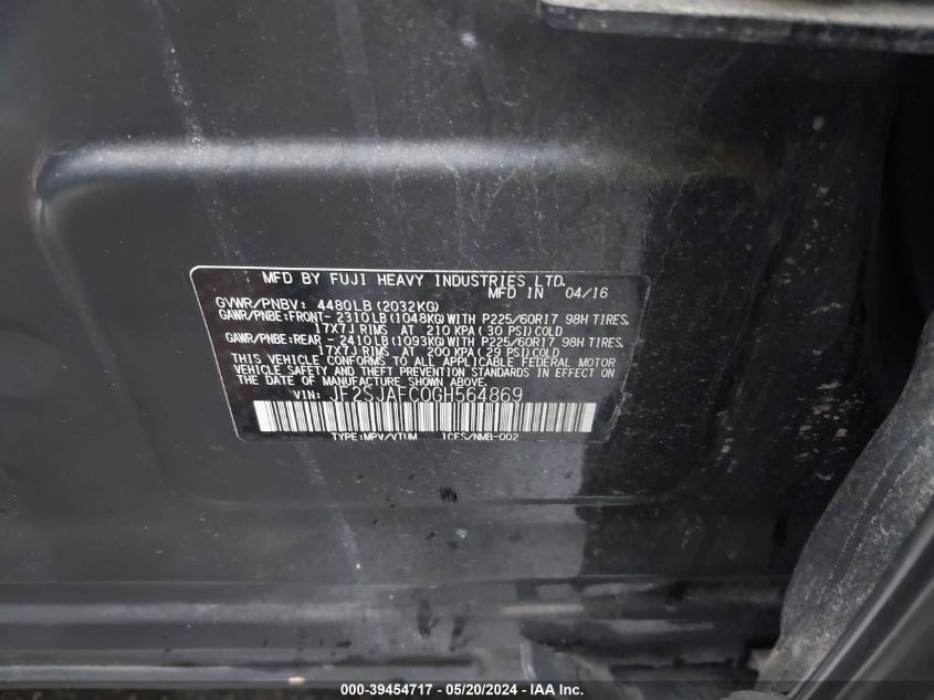 2016 Subaru Forester 2.5I Premium VIN: JF2SJAFC0GH564869 Lot: 39454717