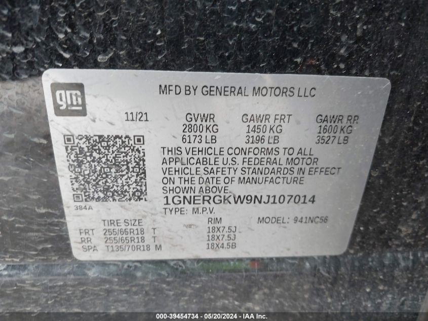 2022 Chevrolet Traverse Lt VIN: 1GNERGKW9NJ107014 Lot: 39454734