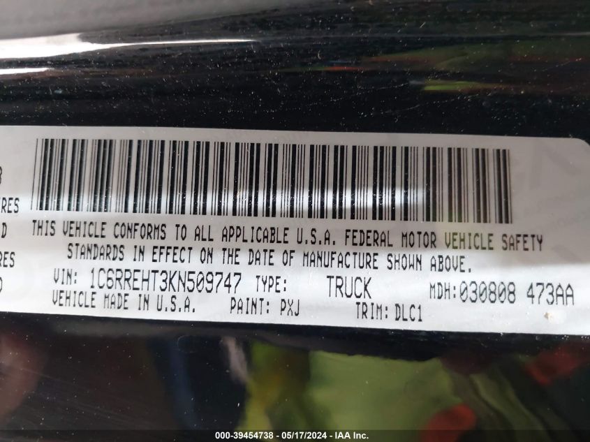 2019 Ram 1500 VIN: 1C6RREHT3KN509747 Lot: 39454738