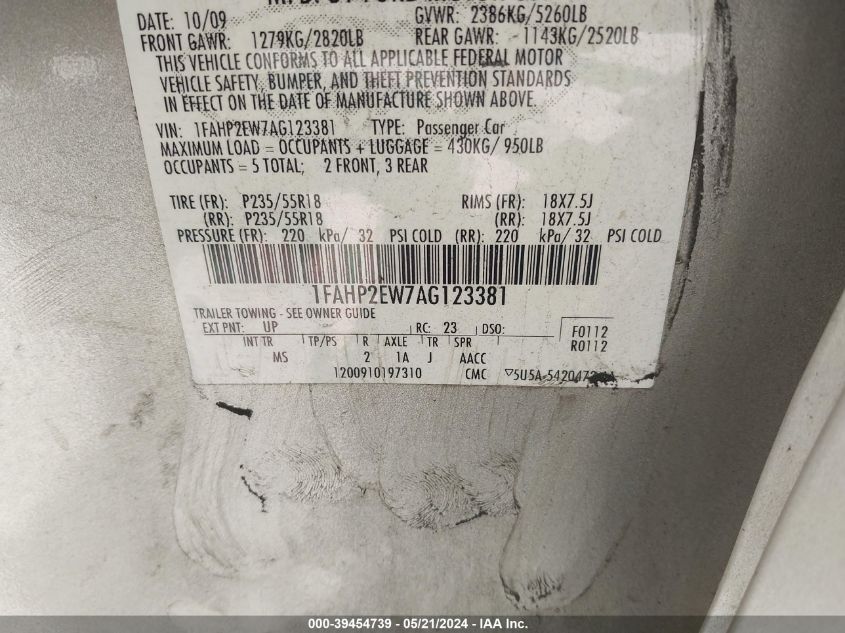 2010 Ford Taurus Sel VIN: 1FAHP2EW7AG123381 Lot: 39454739