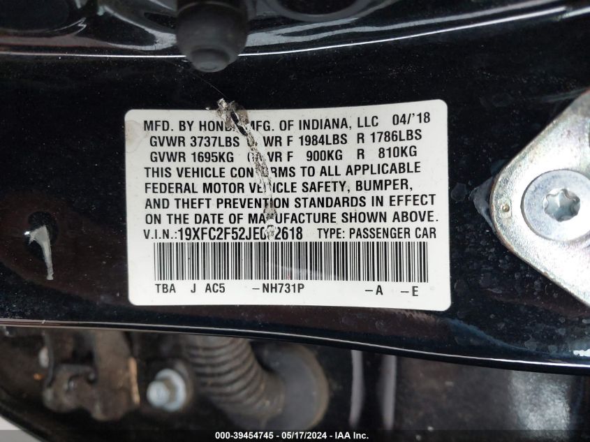 2018 Honda Civic Lx VIN: 19XFC2F52JE032618 Lot: 39454745