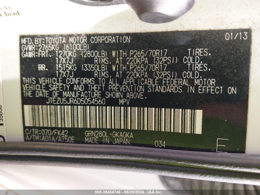 2013 Toyota 4Runner Sr5 VIN: JTEZU5JR6D5054560 Lot: 39454746