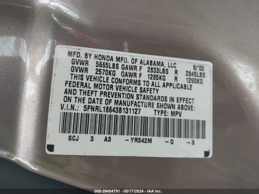 2003 Honda Odyssey Ex VIN: 5FNRL18643B131127 Lot: 39454791