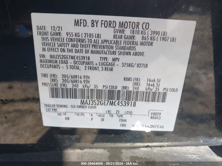 2021 Ford Ecosport Se VIN: MAJ3S2GE7MC453918 Lot: 39454808