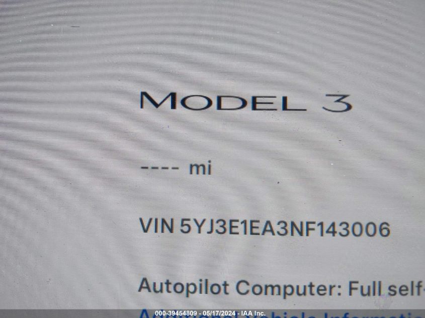 2022 Tesla Model 3 Rear-Wheel Drive VIN: 5YJ3E1EA3NF143006 Lot: 39454809