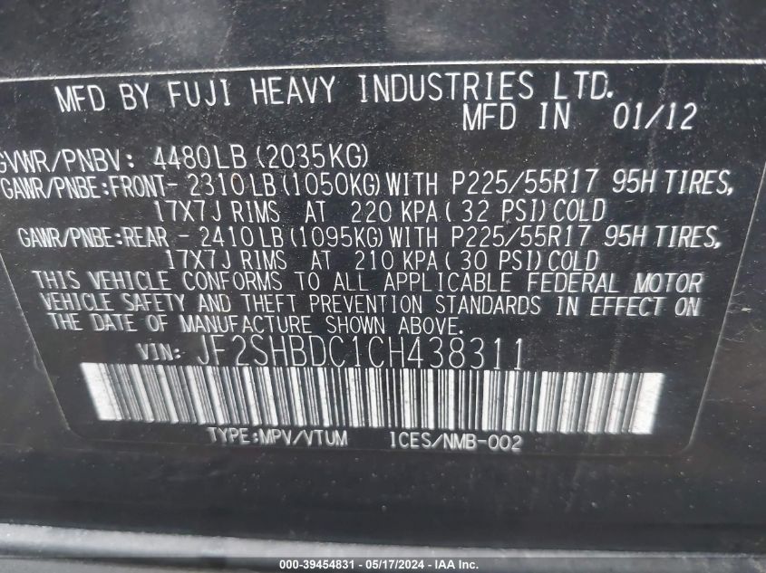 2012 Subaru Forester 2.5X Premium VIN: JF2SHBDC1CH438311 Lot: 39454831
