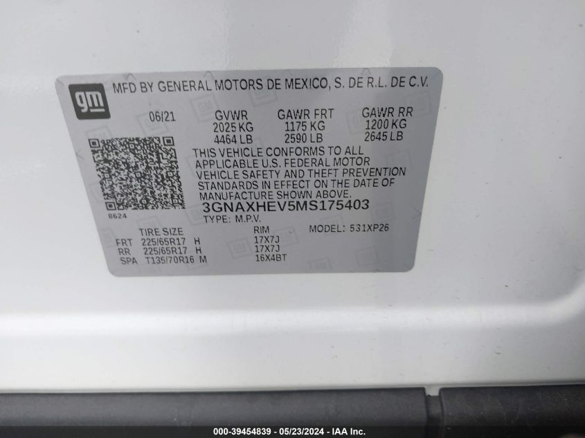 2021 Chevrolet Equinox Fwd Ls VIN: 3GNAXHEV5MS175403 Lot: 39454839