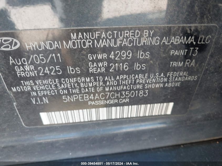 2012 Hyundai Sonata Gls VIN: 5NPEB4AC7CH350183 Lot: 39454851