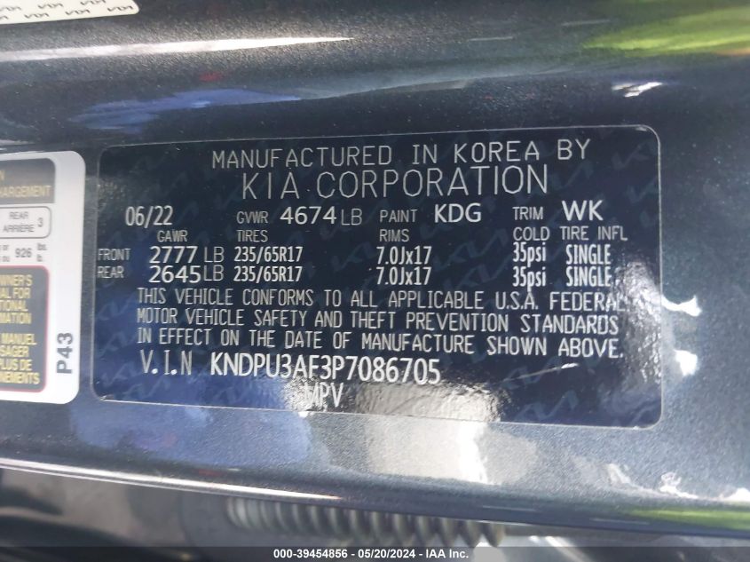 2023 Kia Sportage Lx VIN: KNDPU3AF3P7086705 Lot: 39454856