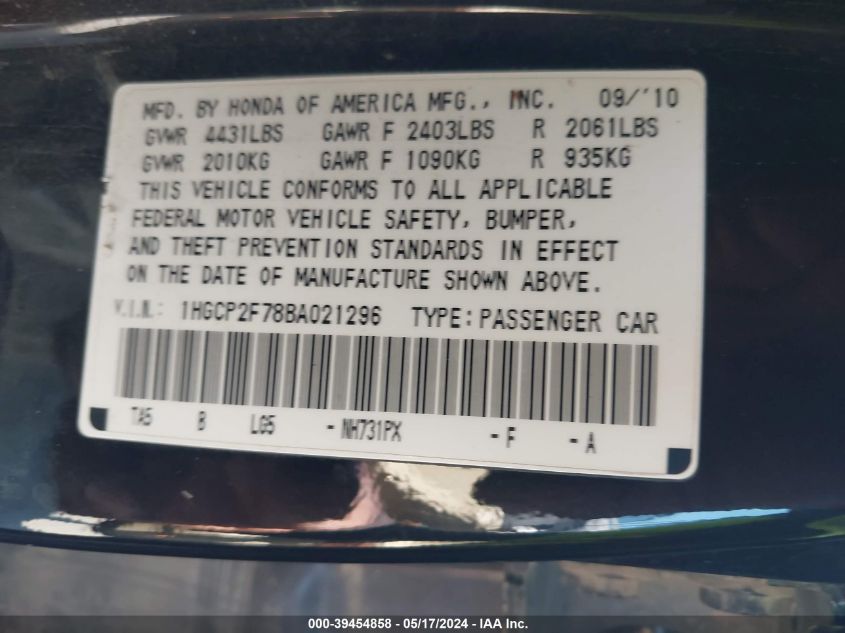 2011 Honda Accord 2.4 Ex VIN: 1HGCP2F78BA021296 Lot: 39454858